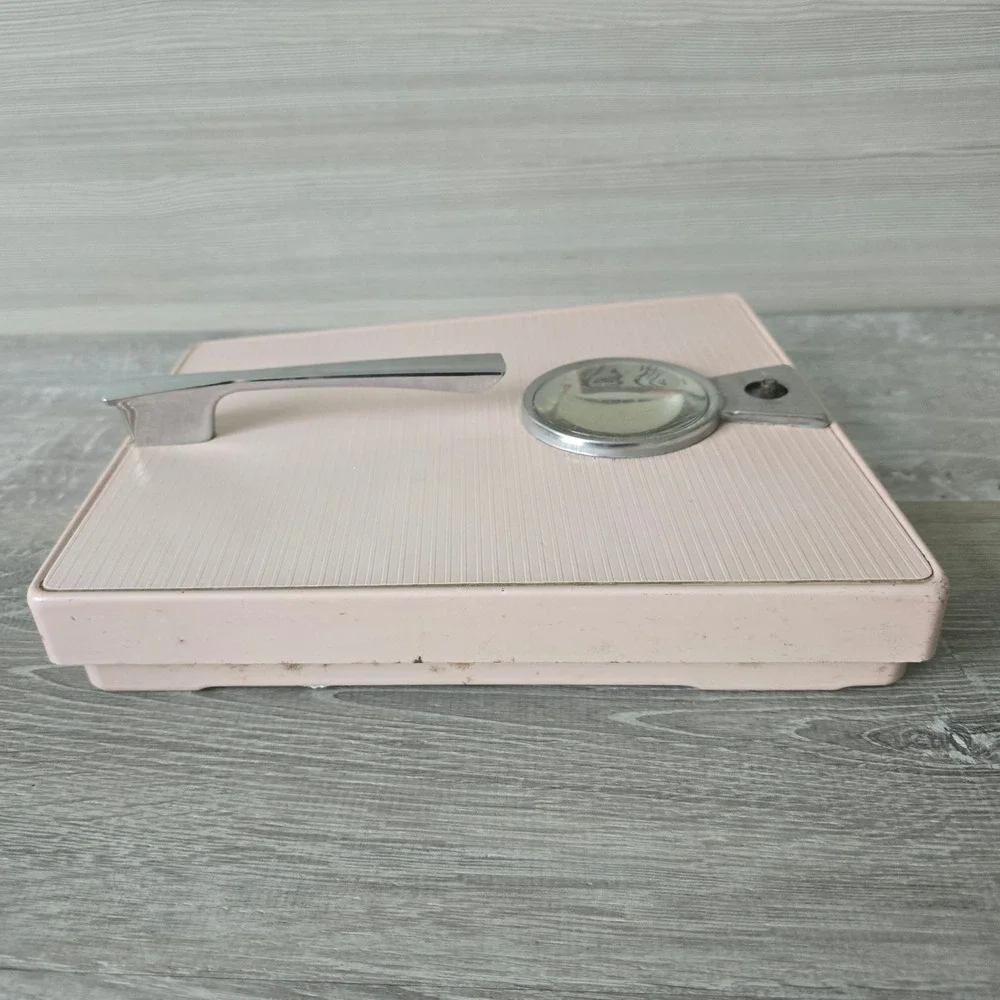 Vintage Hanson Pink Bath Scale MCM Pastel Kitsch Atomic Era Chrome Analog